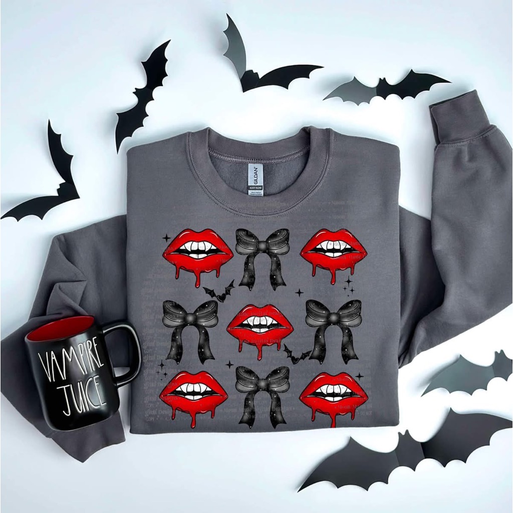 Gray Sweatshirt Vampire Halloween Red Lips And Bows Sweatshirt